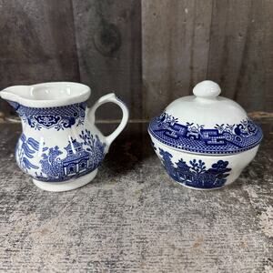 Vintage Churchill Blue Willow Creamer and Sugar Bowl W/Lid Made in England!